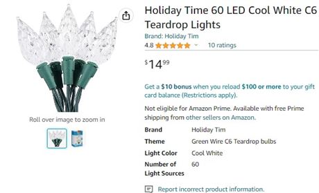 Holiday Time 60 LED Cool White C6 Teardrop Lights