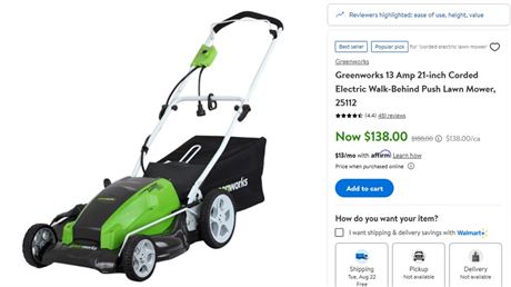 Greenworks 13amp 21in, Corded Electric Mower