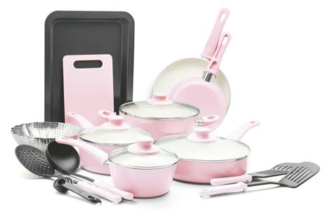 GreenLife Soft Grip 18 Piece Cookware Set, Pink