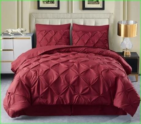 HAOK 6-Piece Pinch Pleat Comforter Set For Twin Bed,,Burgundy