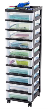 IRIS USA MC-3100-TOP 10-Drawer Storage Cart w/ Organizer Top, Black/Clear