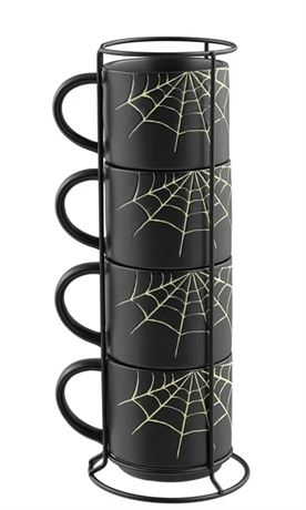 Way to Celebrate 4-Piece 12-Oz Black Spider Web Glazed Ceramic Stacking Mug Set